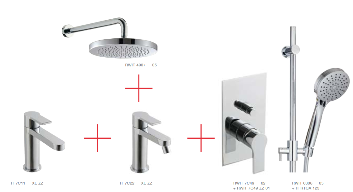 Набор: смеситель для раковины, смеситель для биде, смеситель для душа, штанга с ручным душем и верхний душ на кронштейне из стены Xero+