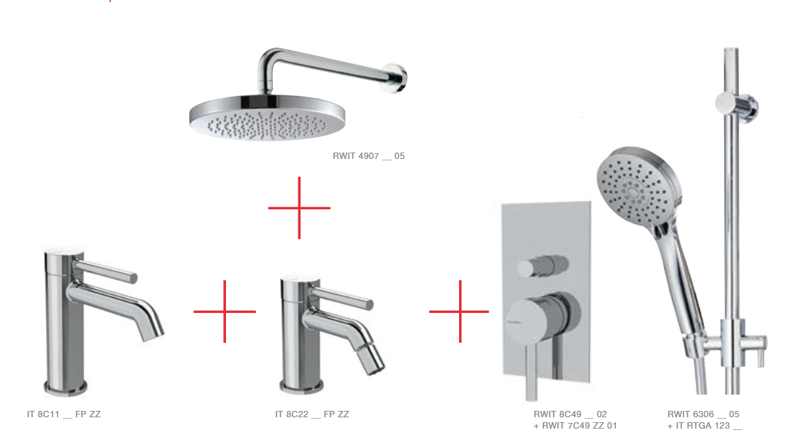 Набор: смеситель для раковины, смеситель для биде, смеситель для душа, штанга с ручным душем и верхний душ на кронштейне из стены Footprint