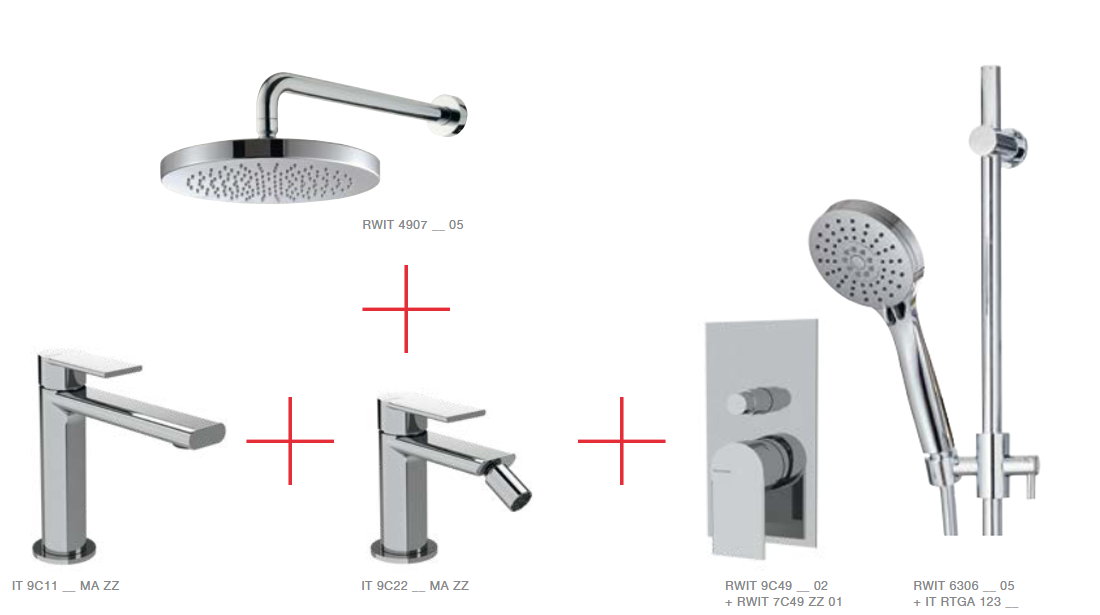 Набор: смеситель для раковины, смеситель для биде, смеситель для душа, штанга с ручным душем и верхний душ на кронштейне из стены Mars